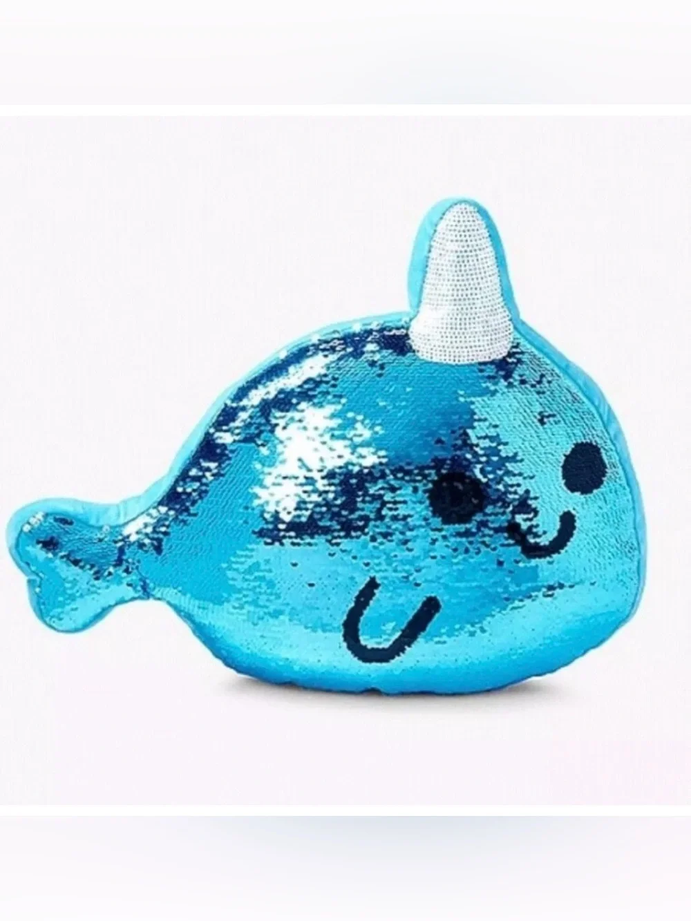 Justice Narwhal Reversible Sequin Flip Blue Silver Unicorn Fish Pillow Kawaii